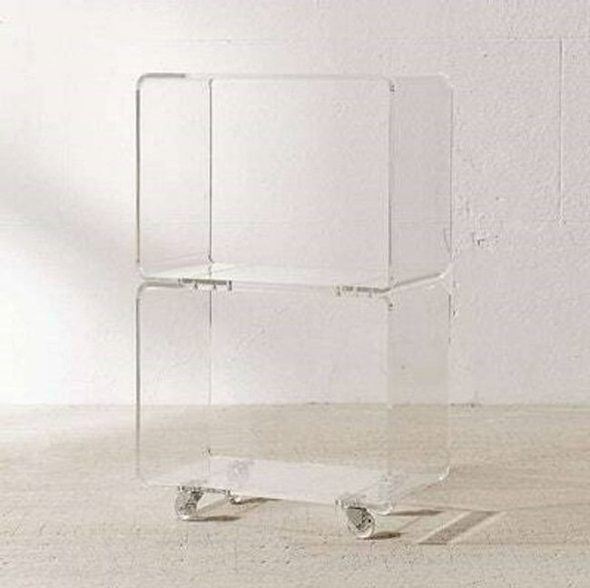 clear acrylic lucite rolling low bookcase tv media stand