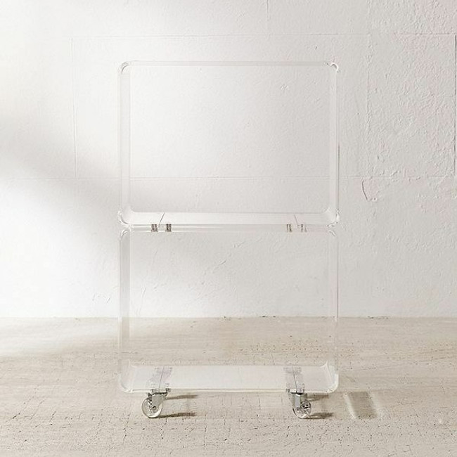 clear acrylic lucite rolling low bookcase tv media stand