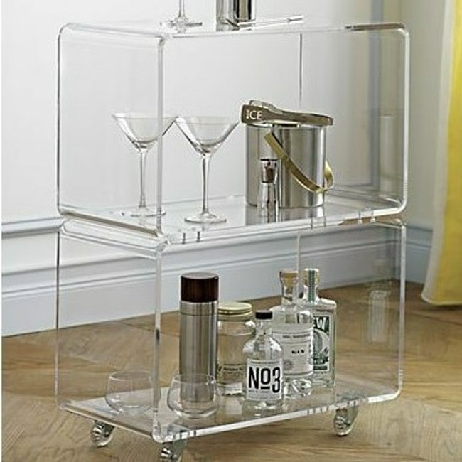 clear acrylic lucite rolling low bookcase tv media stand