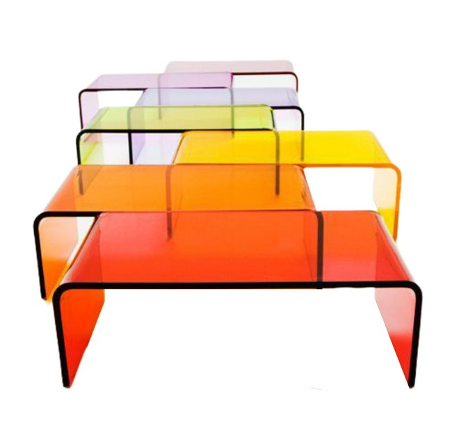 modern neon color red waterfall transparent acrylic lucite coffee cocktail table bench