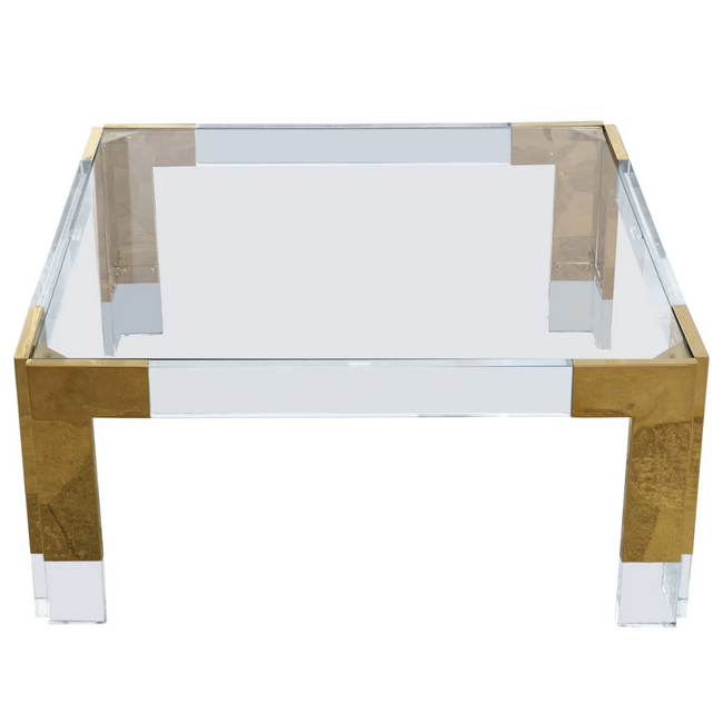 Retro Modern brass and Lucite Coffee Table with Glass Top