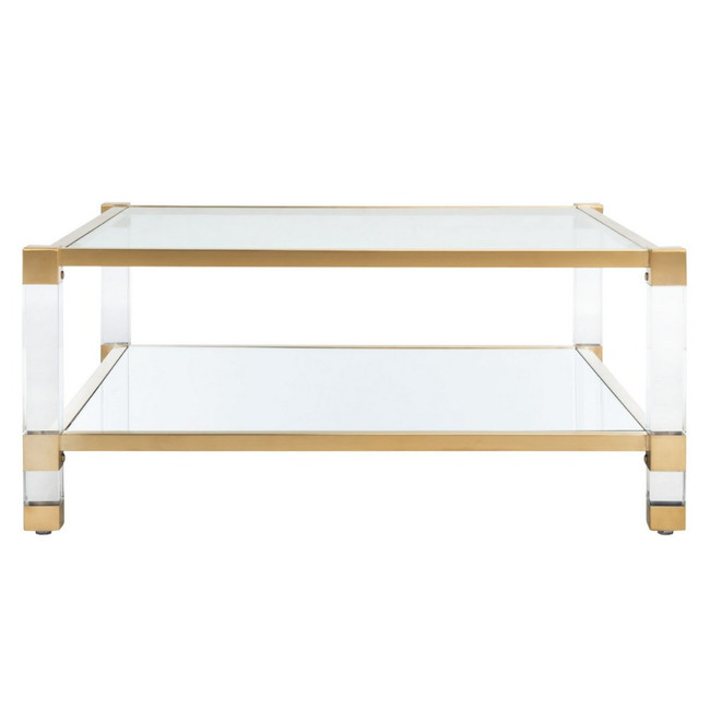Modern Square Lucite Column Leg Coffee Table with Gold Accents