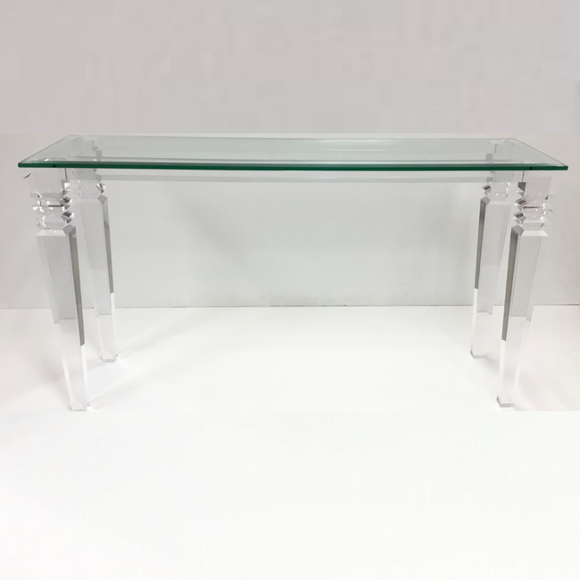 Thick Carved Leg Lucite Console Table with Bevel Glass Top