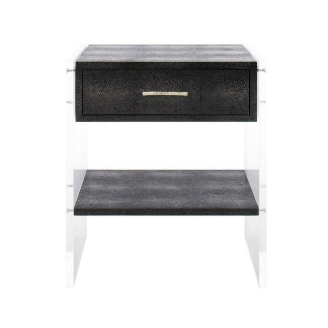 Black Faux Shagreen 1 Drawer Nightstand with Lucite Legs