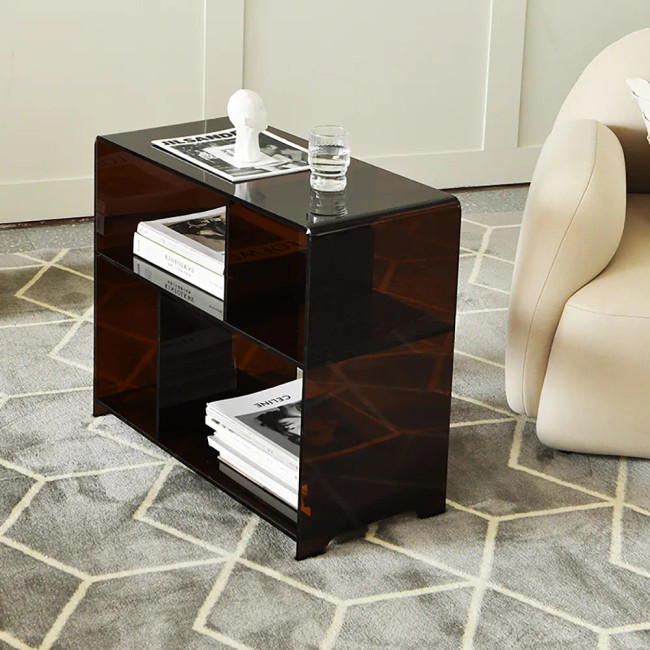 Sheer Brown Acrylic Side Table with Modern Cubbies