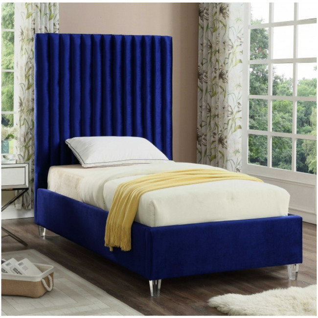 Royal Blue Velvet Channel Tufted Upholstered Bed with Lucite Legs,