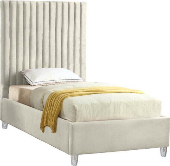 Cream Velvet Channel Tufted Upholstered Bed with Lucite Legs