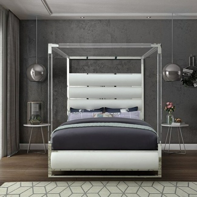 Chrome and Lucite Canopy Bed with White Chanel Tufting