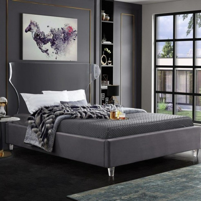 Lucite Wing Headboard Bed with Grey Upholstered Frame,