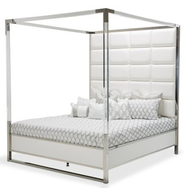 White Box Tufted Lucite and Chrome Canopy Bed, King Size