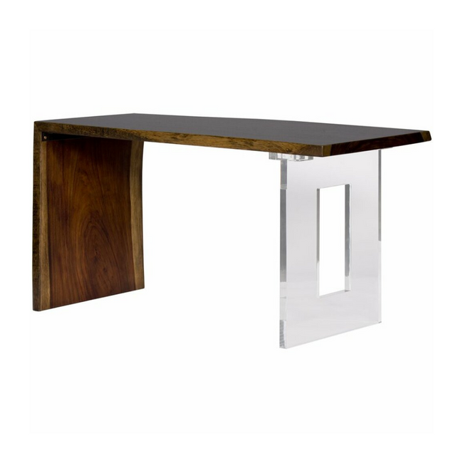 Darkened Acacia Wood Live Edge Desk with Lucite Leg