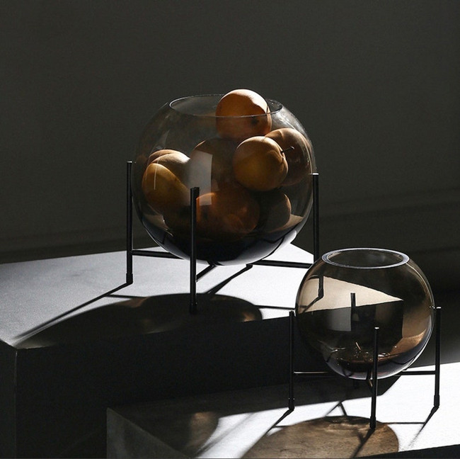 Modern Smoke Grey Globe Vase on Black Stand