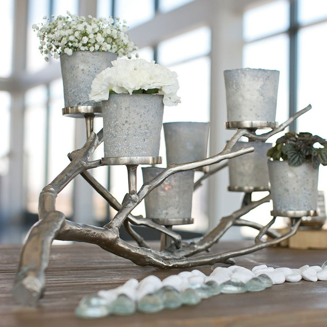 Modern Silver Metal Twig with Silver Glass Votives