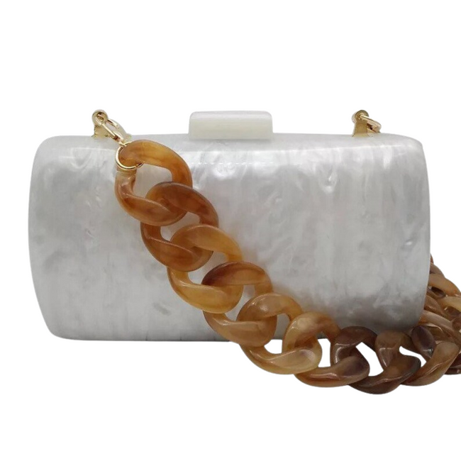 White Mother of Pearl Acrylic Purse with Faux Tortoise Chain