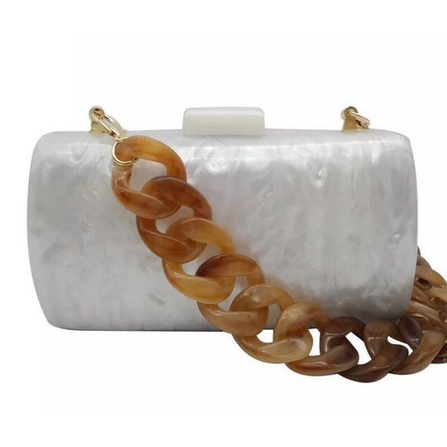 White Mother of Pearl Acrylic Box Purse with Faux Tortoise Chain