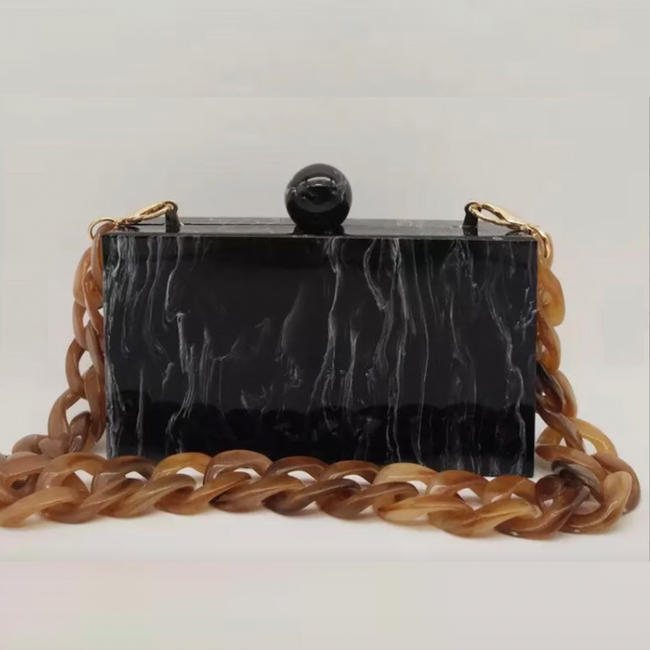 Black Marble Print Acrylic Clutch with Tortoise Chain