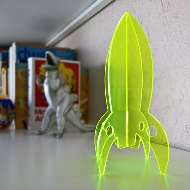 Neon Yellow Modern Lucite Rocket Tabletop Scultpure