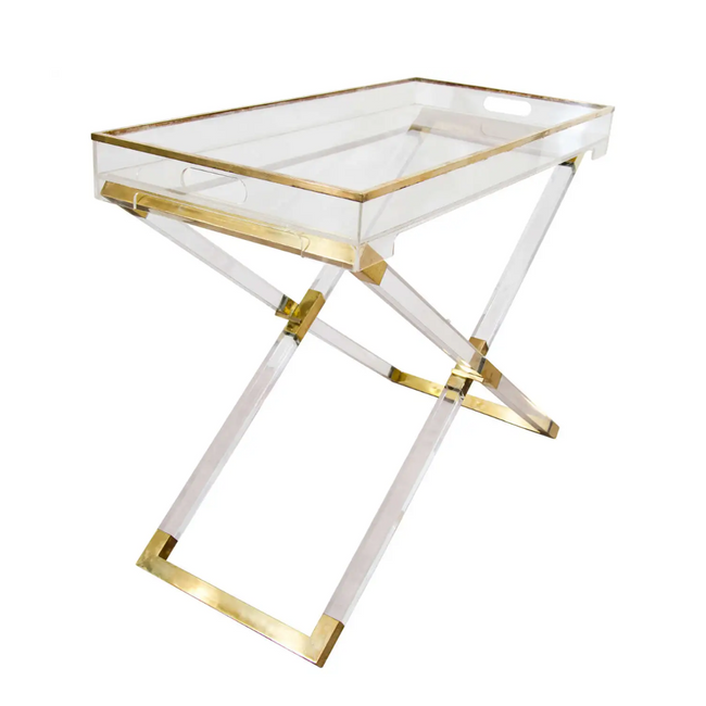 brass trim fancy lucite x tray table bar cart