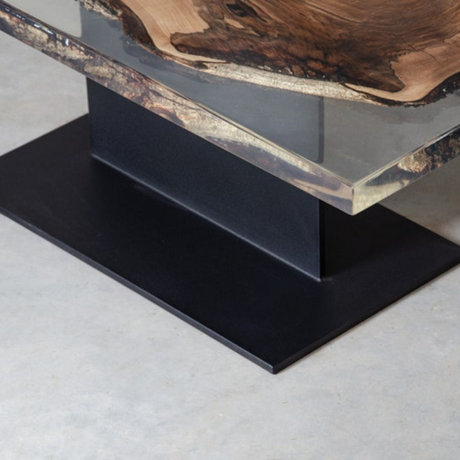 Walnut and Clear Epoxy Modern Coffee Table with Black Metal Base