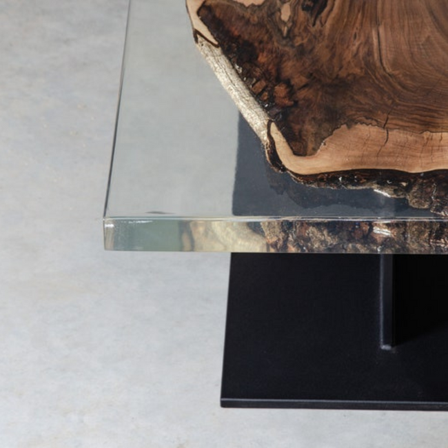 Walnut and Clear Epoxy Modern Coffee Table with Black Metal Base