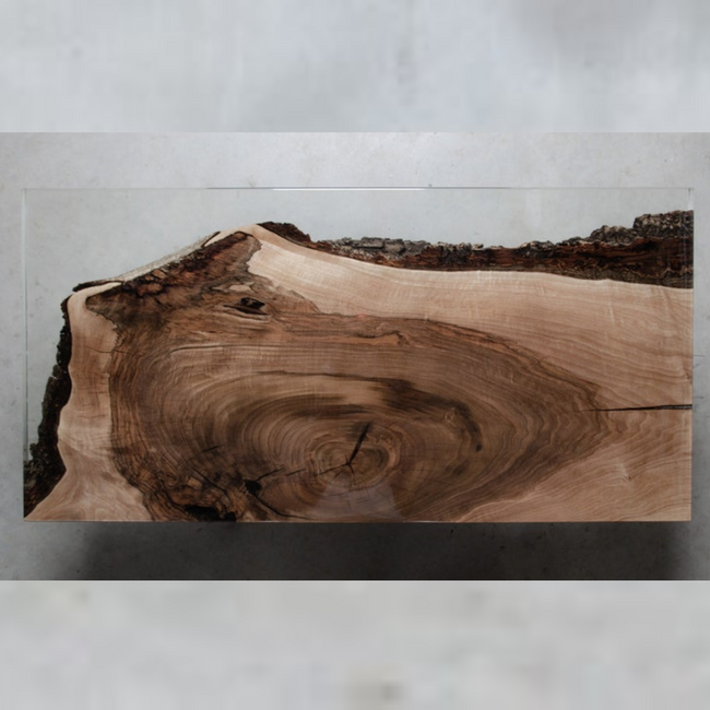Walnut and Clear Epoxy Modern Coffee Table with Black Metal Base