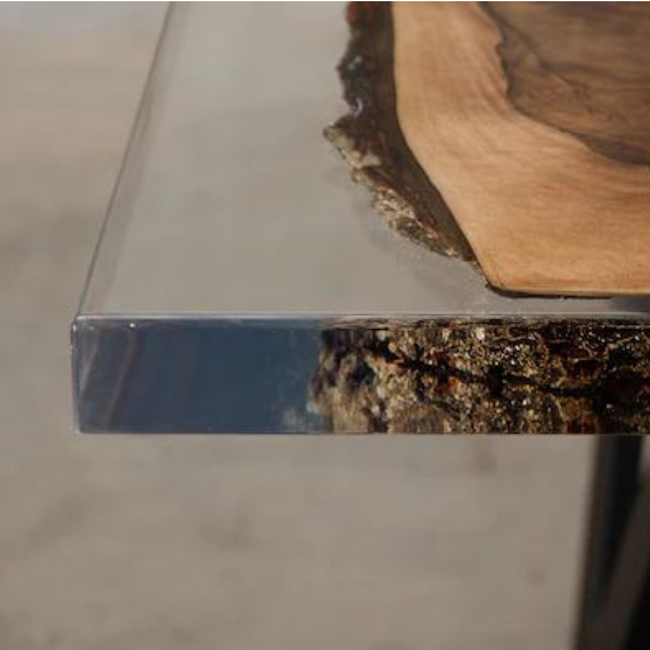 Live Edge Walnut and Clear Epoxy Modern Console Table with Black Legs