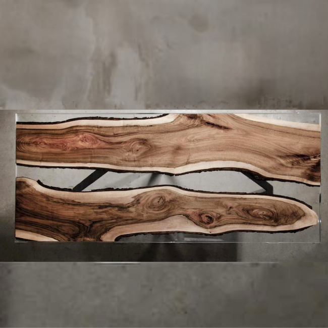 Live Edge Walnut and Clear Epoxy Modern Console Table with Black Legs