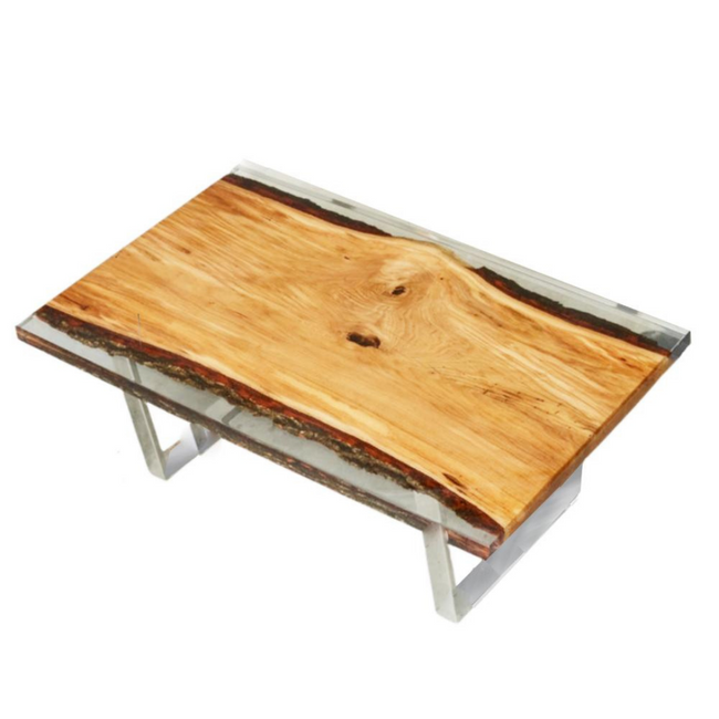 Oak Wood Slab and Clear Epoxy Resin Coffee Table with Stainless Legs