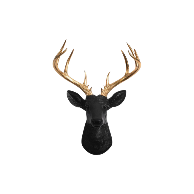 Black Resin and Gold Faux Deer Head with Gold Longhorns