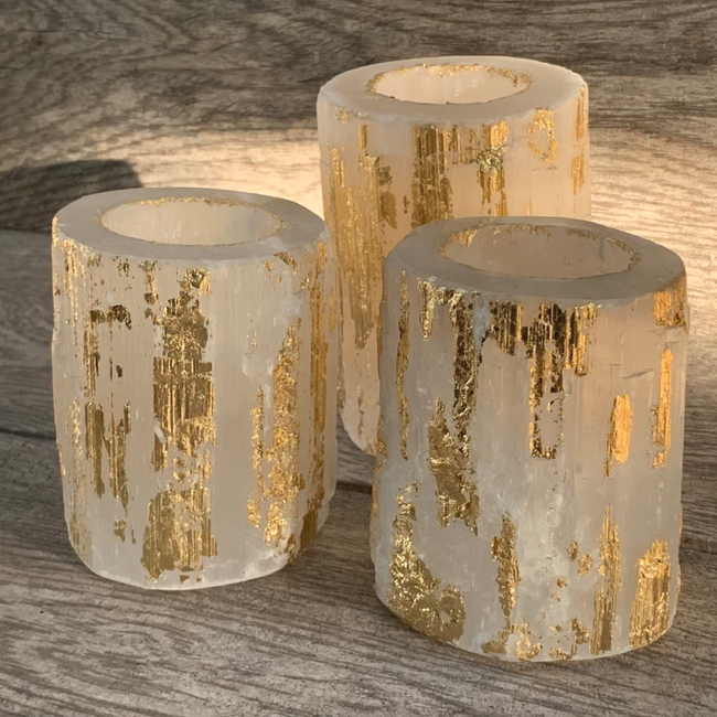 Hand Applied Gold Leaf Selenite Votive Holder