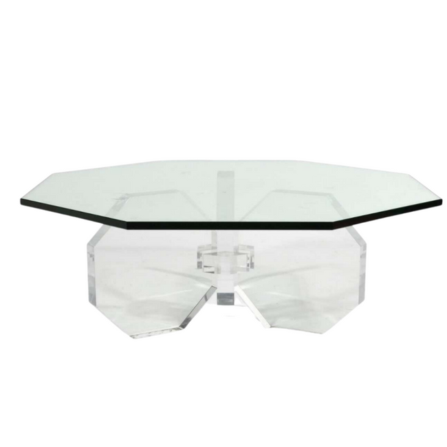 Lucite Hexagonal Base Coffee Table with Bevel Glass Top
