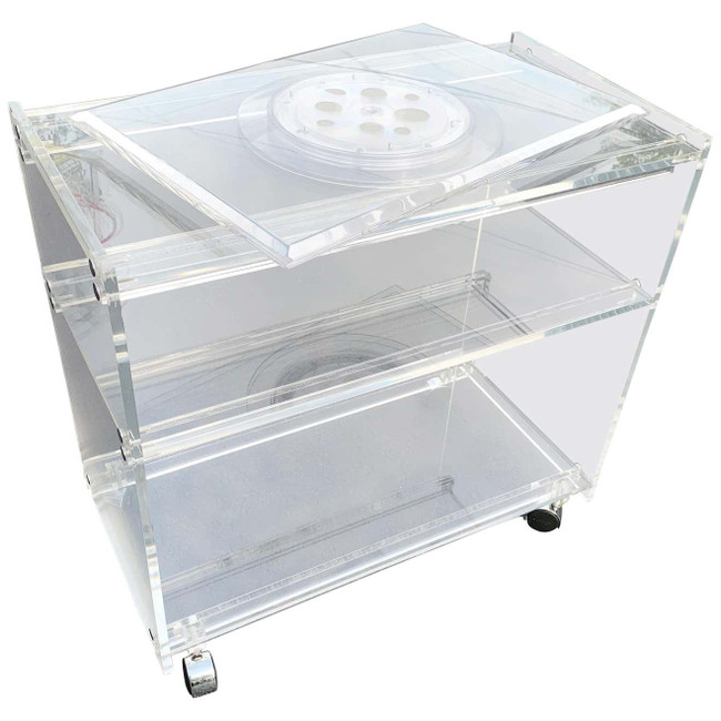 Clear Lucite TV Stand with Rotating Lazy Susan Top and Wheels