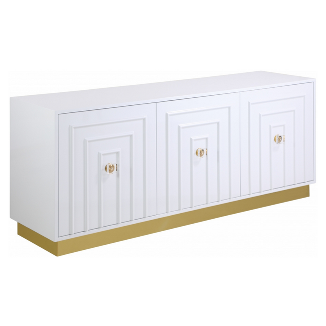 Gold Base 3 Door White Lacquered Sideboard with Lucite Knobs