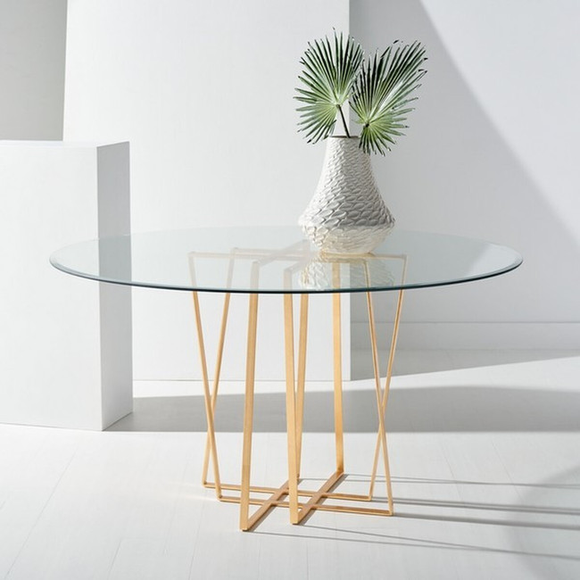 Modern Geometric Gold Base Round Foyer Table with Glass Top