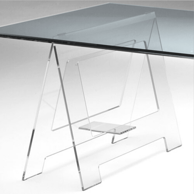 modern lucite sawhorse leg desk glass top