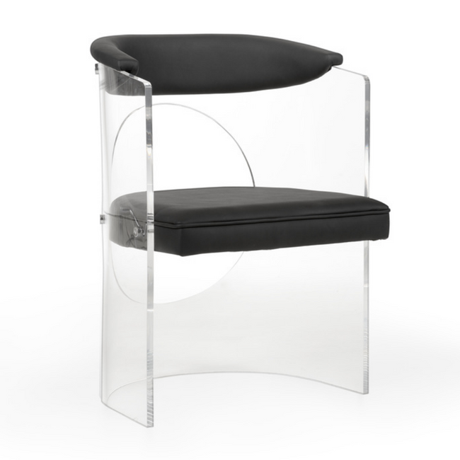 Clear Lucite Barrel Chair with Black Faux Leather