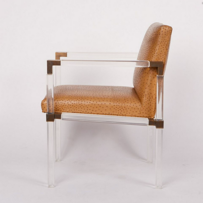 Lucite and Brass Armchair with Faux Ostrich Upholstery