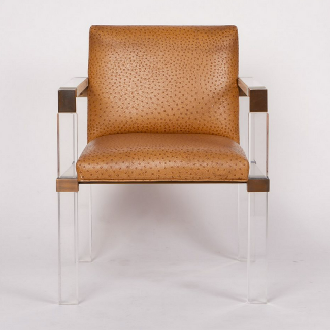 Lucite and Brass Armchair with Faux Ostrich Upholstery