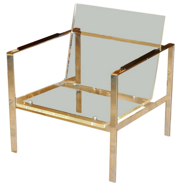 Clear Lucite Square Accent Chair with brass gold frame metal