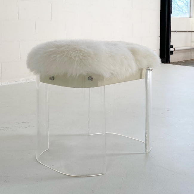 Cream Mongolian Fur Top Ottoman with Curved Lucite Legs