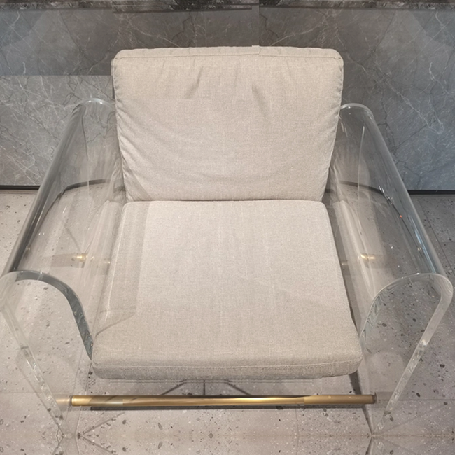 Clear Lucite and Brass Lounge Chair with Linen Upholstery