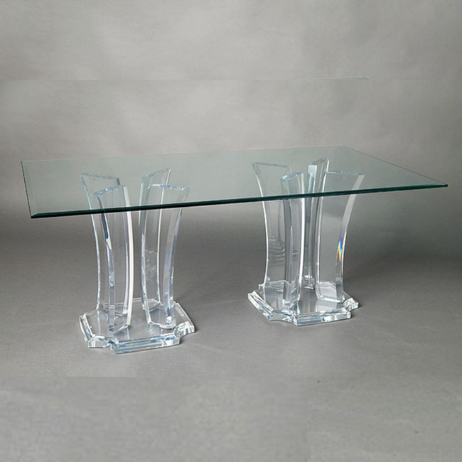 Lucite Double Pedestal Base Rectangular Dining Table with Glass Top