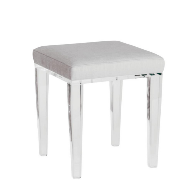 Lucite Taper Leg Square Vanity Stool with Linen Seat