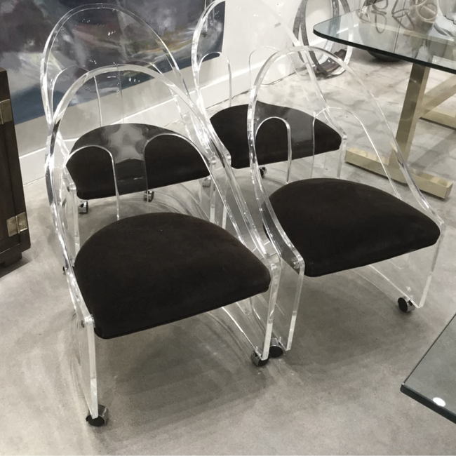 Modern Lucite Upholstered Game Chair with Slope Arms & Wheels