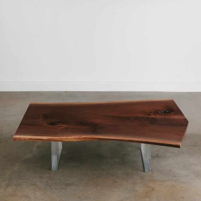 Live Edge Walnut Thick Slab Coffee Table with Panel Lucite Legs