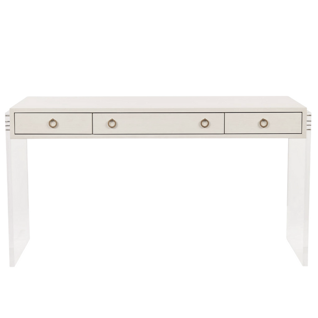 White Lacquer & Gold 3 Drawer Desk with Lucite Panel Legs