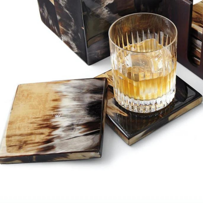 Natural Horn & Wood Set of 4 Square Coasters