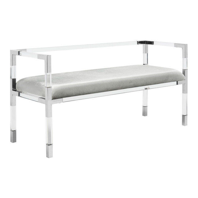 safavieh Anastasia bench narrow acrylic bench foyer hallway clear lucite polished nickel metal detail grey velvet seat