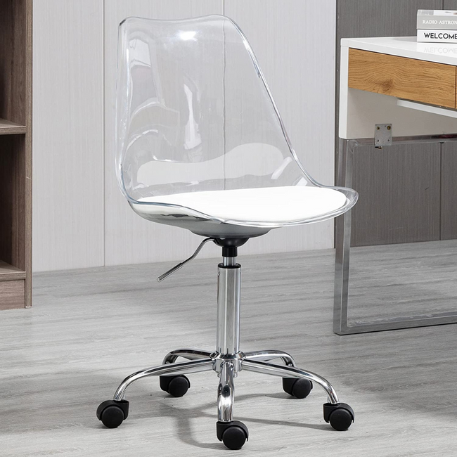 Mid Century Clear Acrylic Desk Chair with Chrome Base & White Pad Cushion 