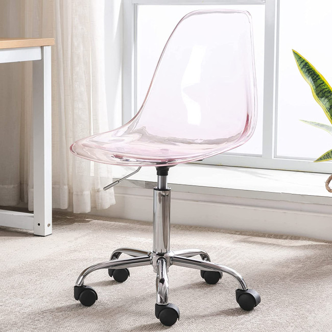 Mid Century Pale Pink Acrylic Desk Chair with Chrome Swivel